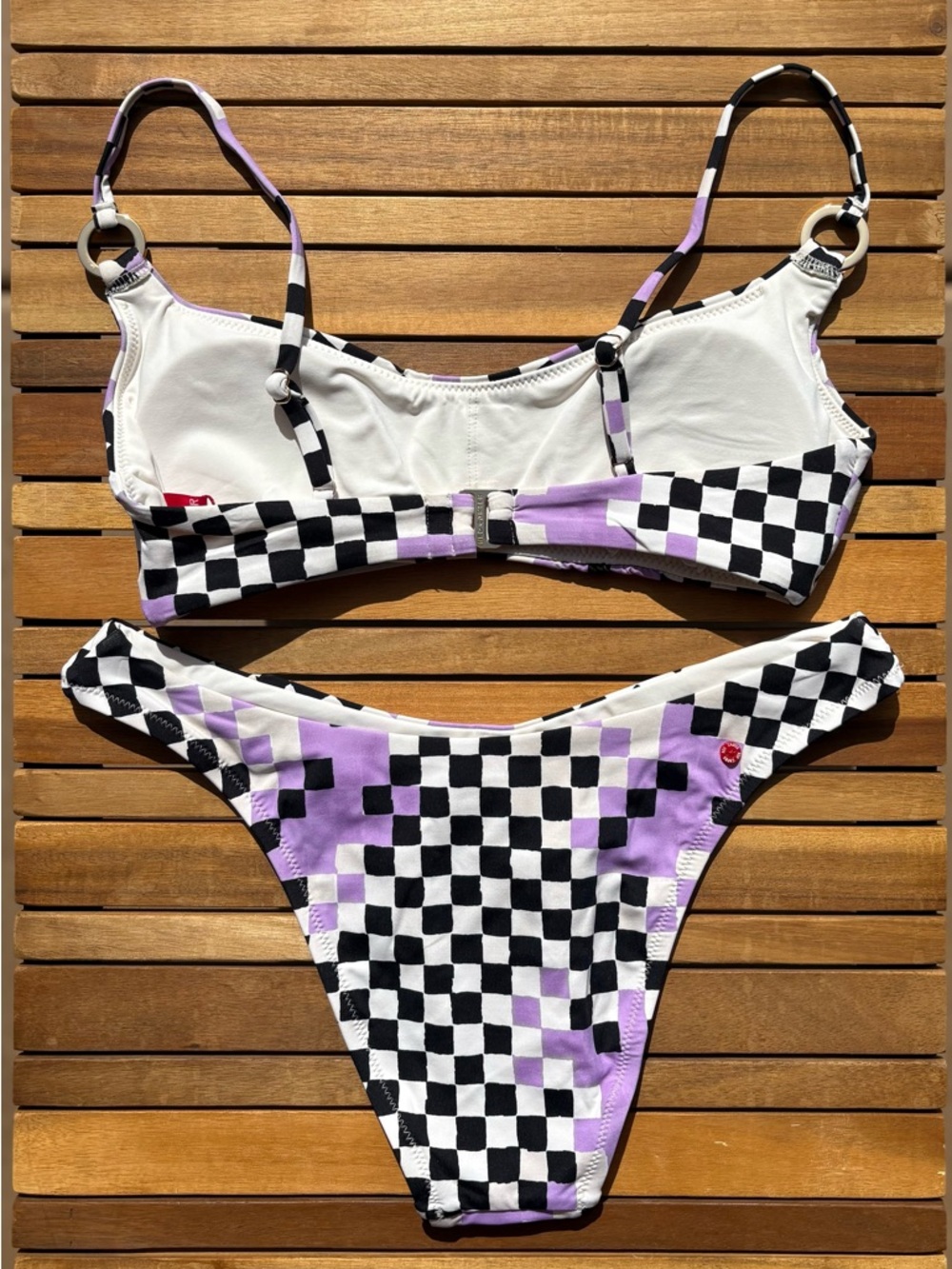 XSMALL NWT RED CARTER - GRACE CHECK ME OUT BIKINI SWIMSUIT BLACK WHITE LILAC - Picture 4 of 8